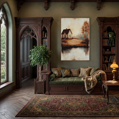 Hilltop Cottage Autumn Rustic wall art in a moody dark academia room – small cottage with dark red roof on a sandy