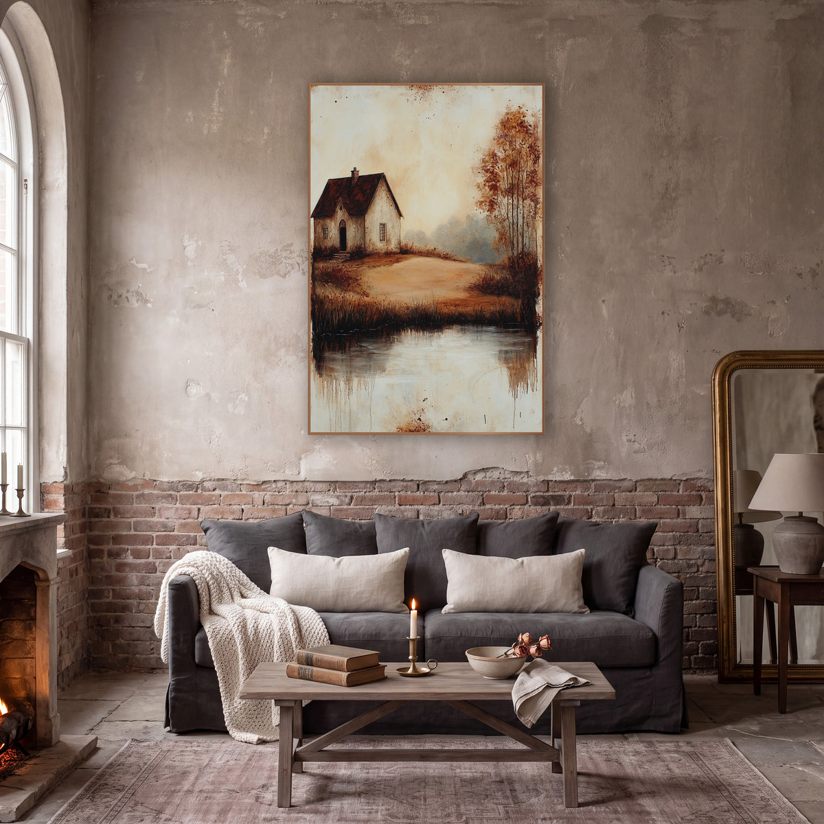 Hilltop Cottage Autumn Rustic wall art in a moody dark academia room – small cottage with dark red roof on a sandy