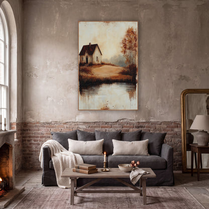 Hilltop Cottage Autumn Rustic wall art in a moody dark academia room – small cottage with dark red roof on a sandy