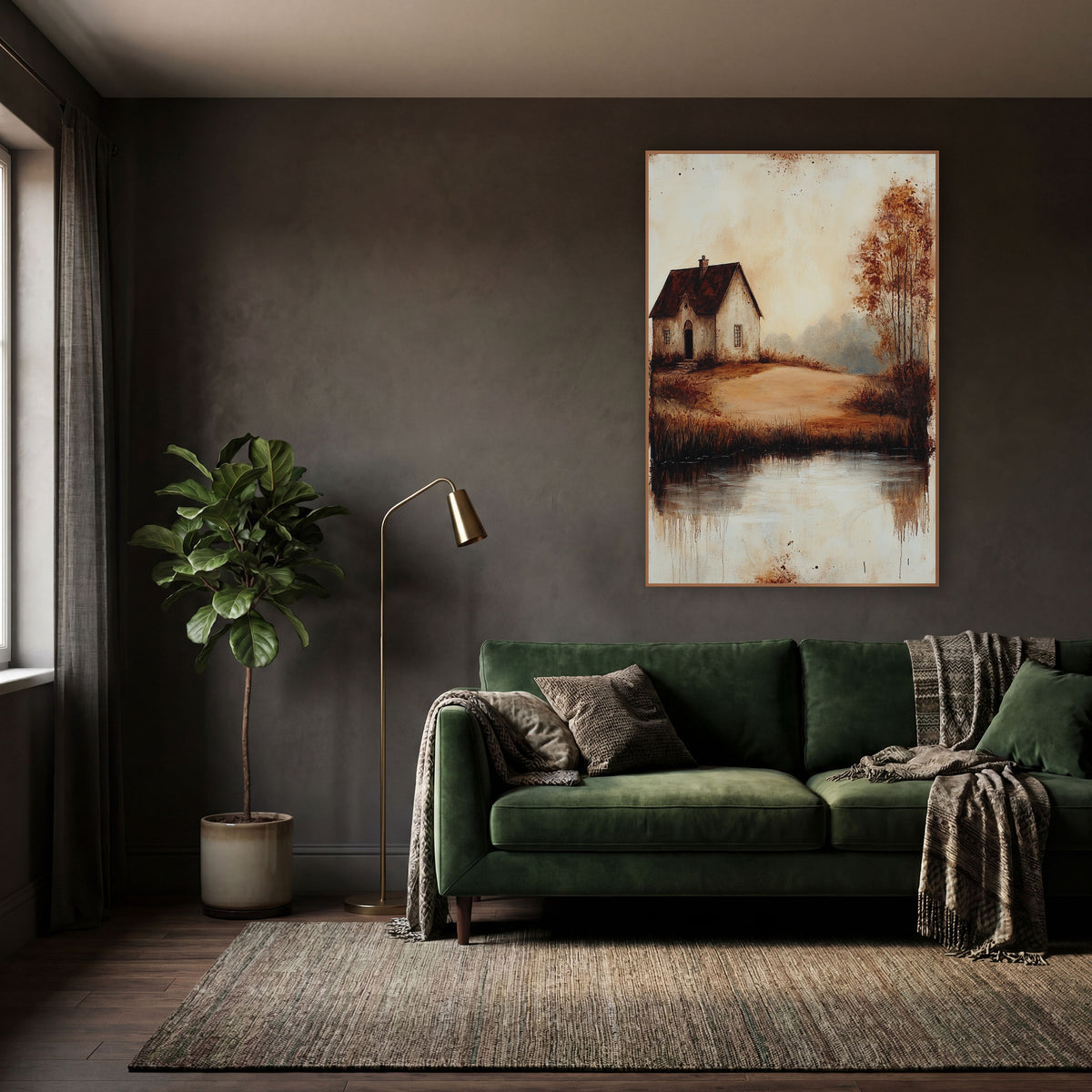 Hilltop Cottage Autumn Rustic wall art in a moody dark academia room – small cottage with dark red roof on a sandy