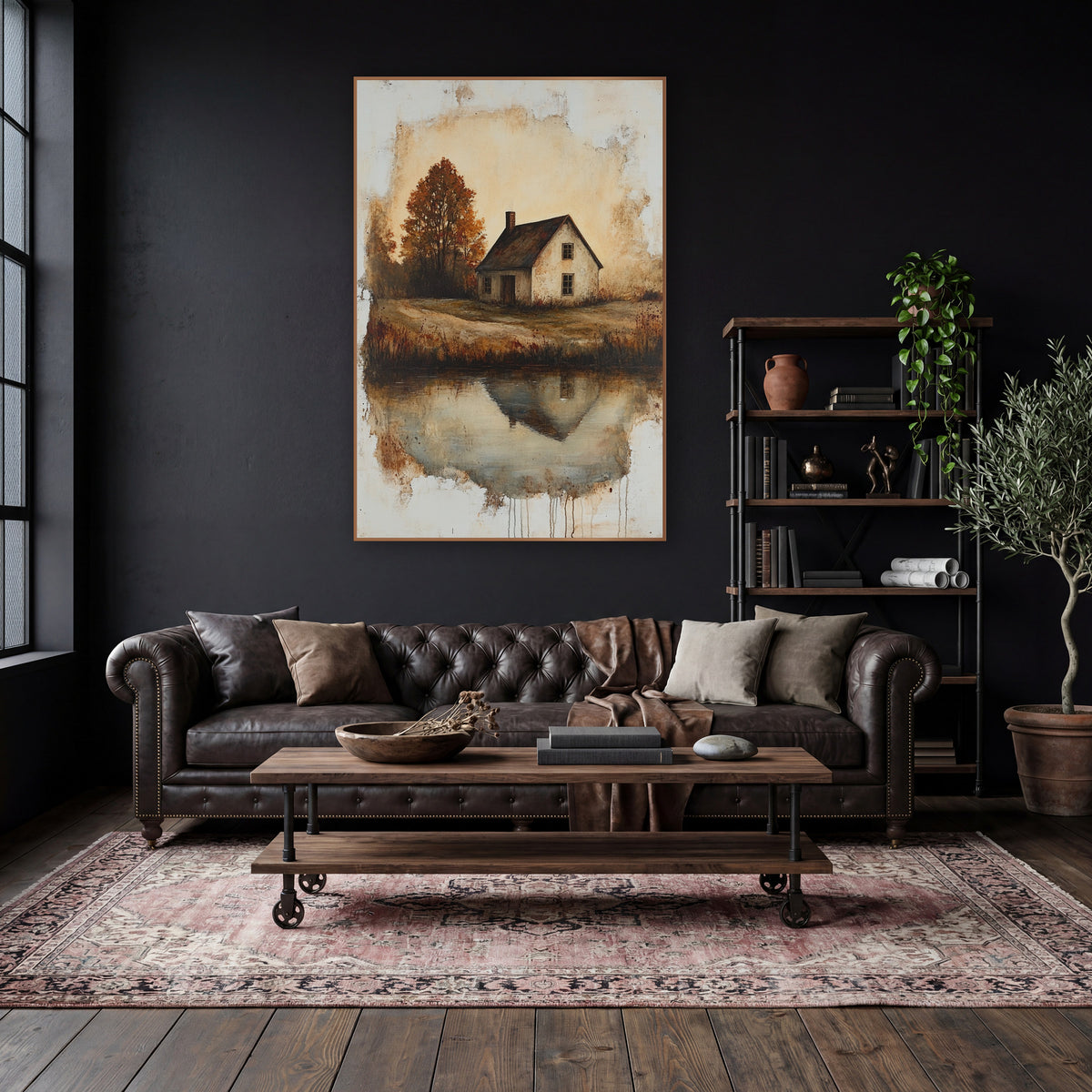 Rust Autumn Cottage Reflection Landscape wall art in a moody dark academia room – cream country cottage with dark roof