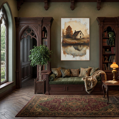 Rust Autumn Cottage Reflection Landscape wall art in a moody dark academia room – cream country cottage with dark roof