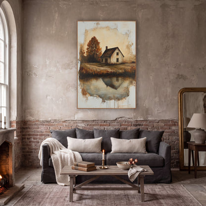 Rust Autumn Cottage Reflection Landscape wall art in a moody dark academia room – cream country cottage with dark roof