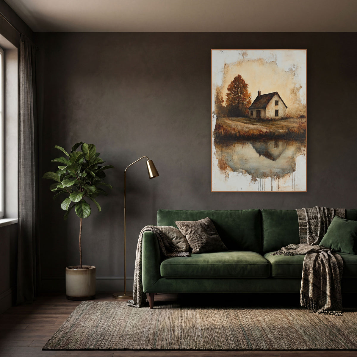Rust Autumn Cottage Reflection Landscape wall art in a moody dark academia room – cream country cottage with dark roof
