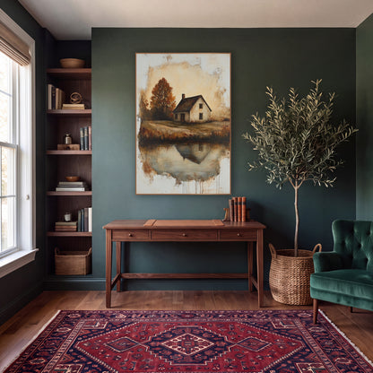 Rust Autumn Cottage Reflection Landscape wall art in a moody dark academia room – cream country cottage with dark roof