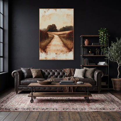 Rust Country Lane Landscape wall art in a moody dark academia room – winding dirt lane between tall grass and rust-red