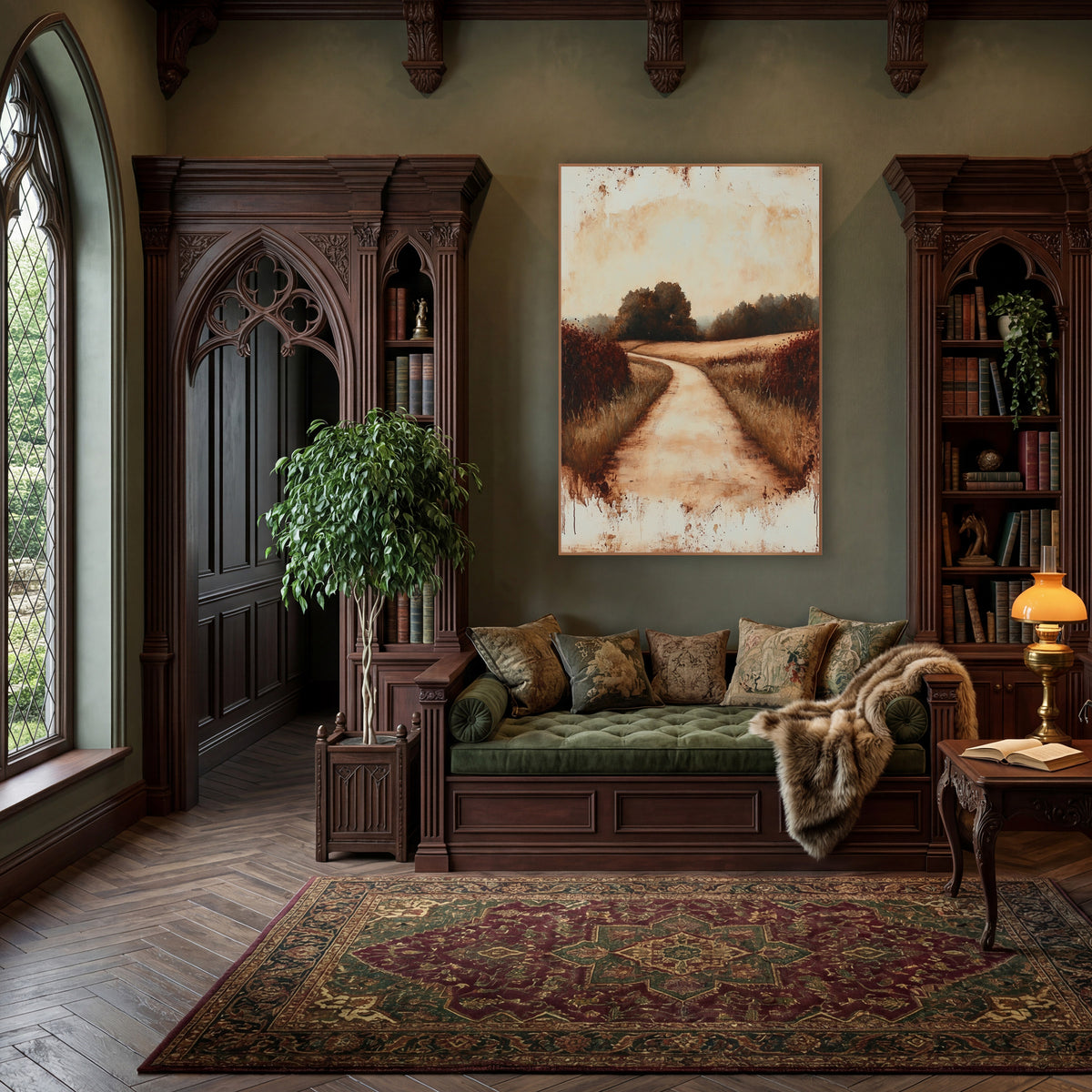 Rust Country Lane Landscape wall art in a moody dark academia room – winding dirt lane between tall grass and rust-red