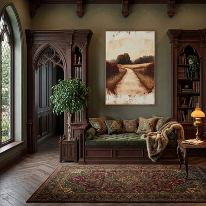 Rust Country Lane Landscape wall art in a moody dark academia room – winding dirt lane between tall grass and rust-red