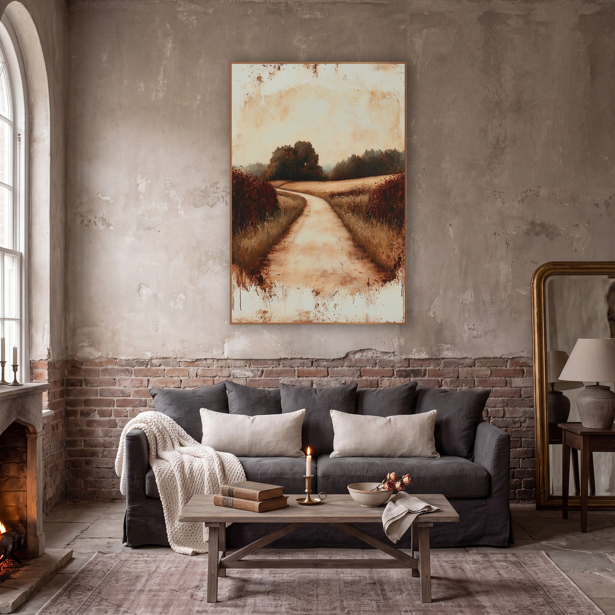 Rust Country Lane Landscape wall art in a moody dark academia room – winding dirt lane between tall grass and rust-red