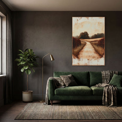 Rust Country Lane Landscape wall art in a moody dark academia room – winding dirt lane between tall grass and rust-red