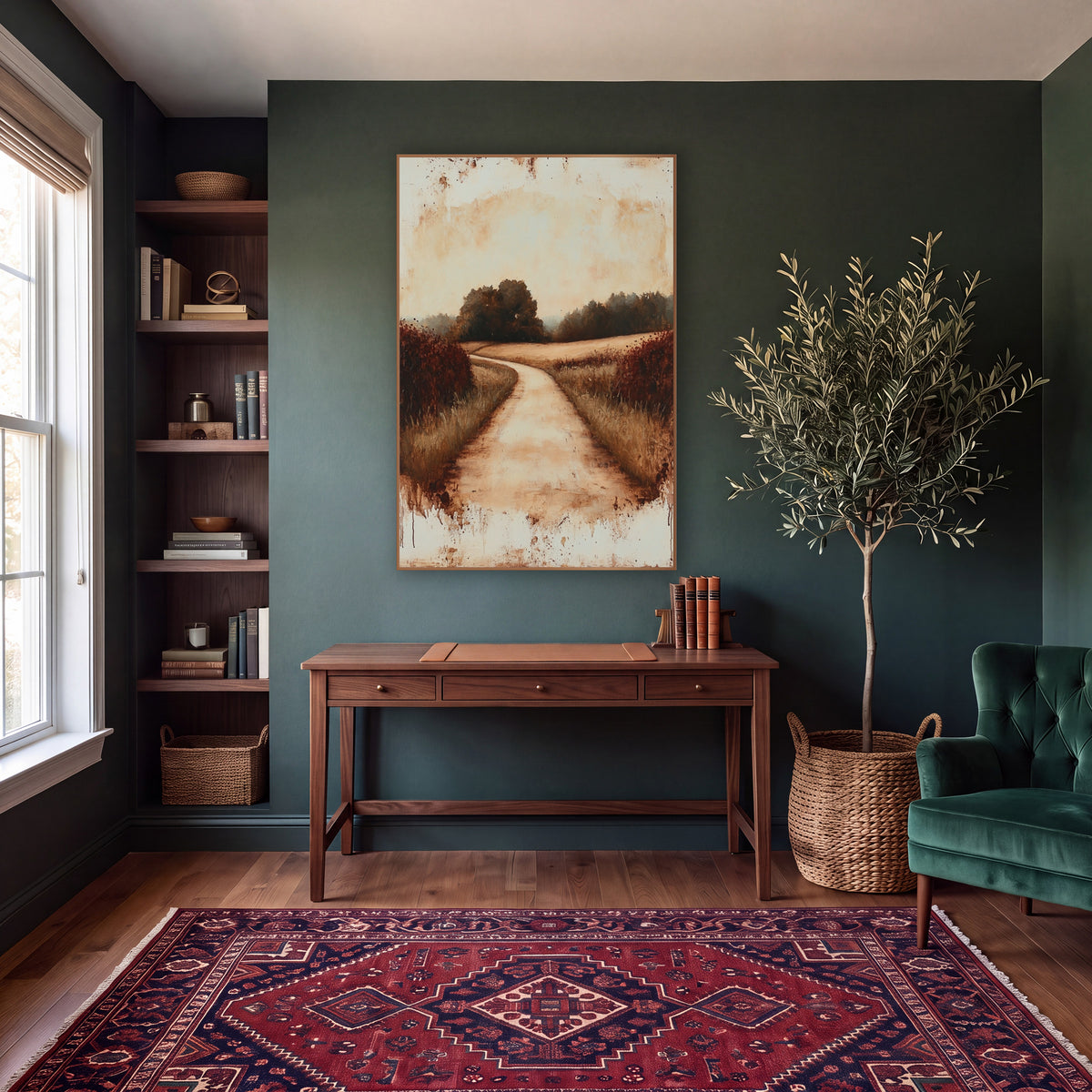 Rust Country Lane Landscape wall art in a moody dark academia room – winding dirt lane between tall grass and rust-red