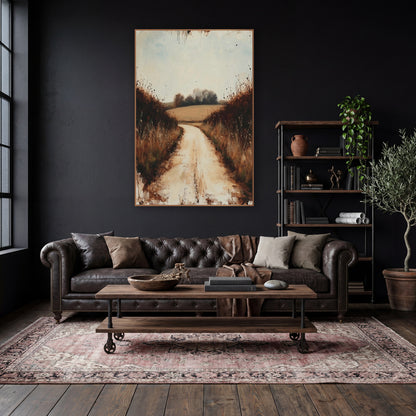 Quiet Country Lane Landscape wall art in a moody dark academia room – pale dirt lane curving between rust-brown
