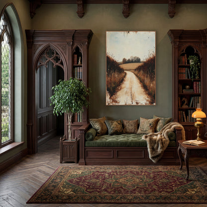 Quiet Country Lane Landscape wall art in a moody dark academia room – pale dirt lane curving between rust-brown