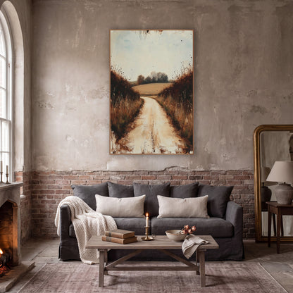 Quiet Country Lane Landscape wall art in a moody dark academia room – pale dirt lane curving between rust-brown