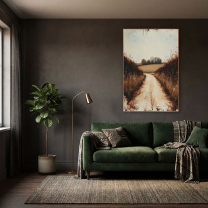 Quiet Country Lane Landscape wall art in a moody dark academia room – pale dirt lane curving between rust-brown