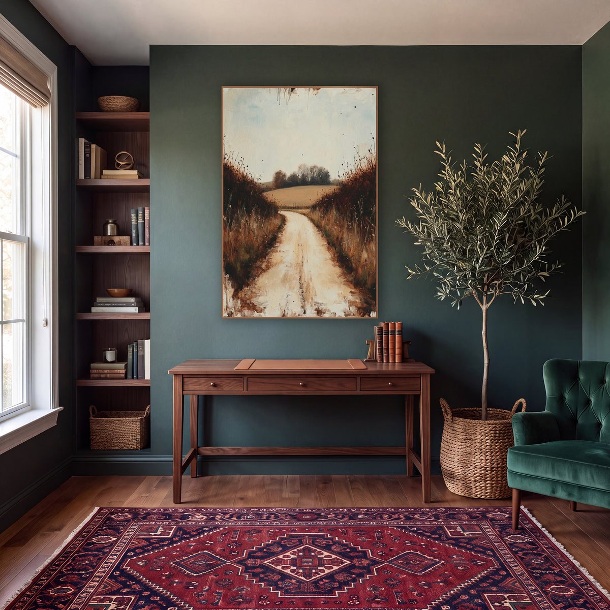 Quiet Country Lane Landscape wall art in a moody dark academia room – pale dirt lane curving between rust-brown