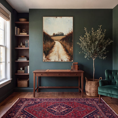 Quiet Country Lane Landscape wall art in a moody dark academia room – pale dirt lane curving between rust-brown