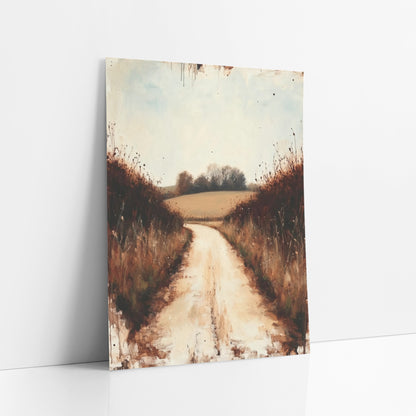 Quiet Country Lane Landscape art print leaning against a white wall – pale dirt lane curving between rust-brown grasses