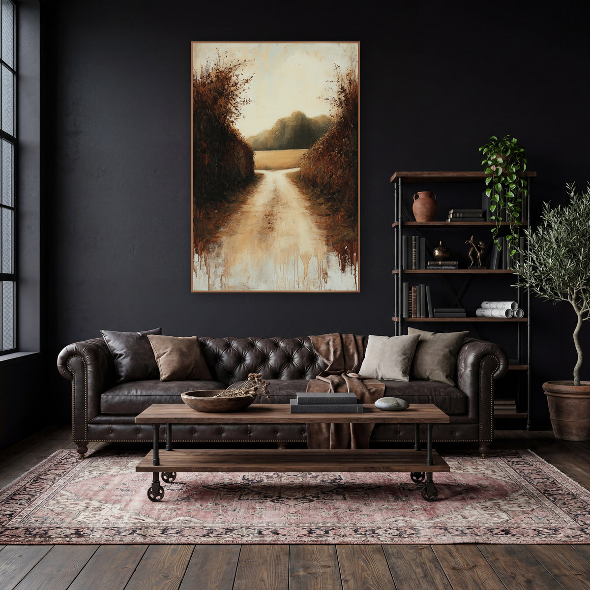 Autumn Hedgerow Country Lane Landscape wall art in a moody dark academia room – pale country lane between tall