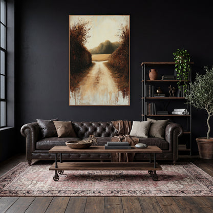 Autumn Hedgerow Country Lane Landscape wall art in a moody dark academia room – pale country lane between tall