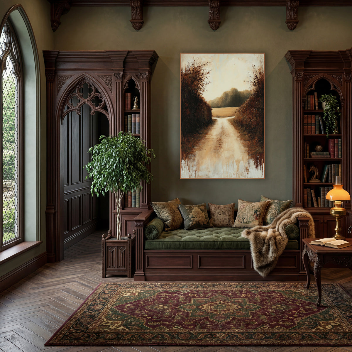 Autumn Hedgerow Country Lane Landscape wall art in a moody dark academia room – pale country lane between tall