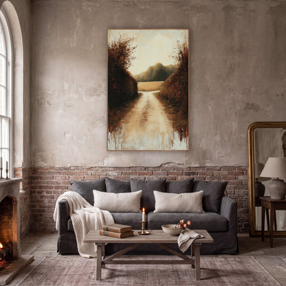 Autumn Hedgerow Country Lane Landscape wall art in a moody dark academia room – pale country lane between tall