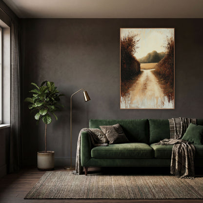 Autumn Hedgerow Country Lane Landscape wall art in a moody dark academia room – pale country lane between tall