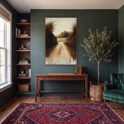 Autumn Hedgerow Country Lane Landscape wall art in a moody dark academia room – pale country lane between tall