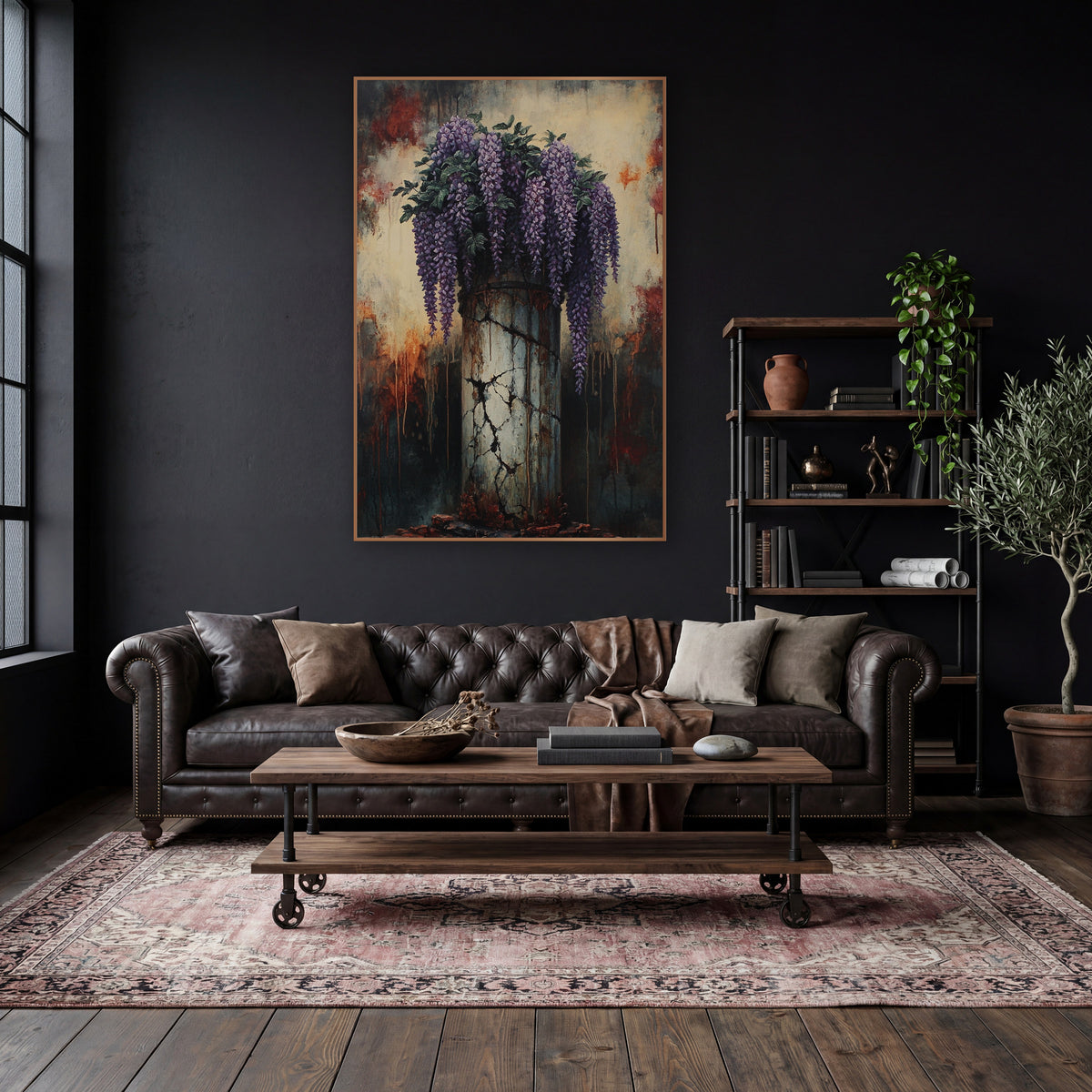 Cracked Column Wisteria Gothic Floral wall art in a moody dark academia room – purple wisteria and green leaves