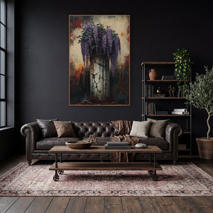 Cracked Column Wisteria Gothic Floral wall art in a moody dark academia room – purple wisteria and green leaves