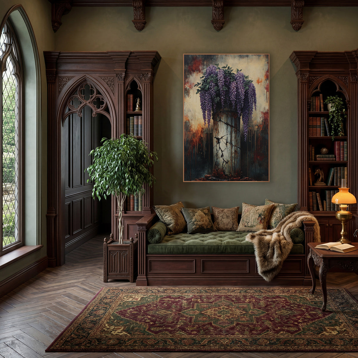 Cracked Column Wisteria Gothic Floral wall art in a moody dark academia room – purple wisteria and green leaves