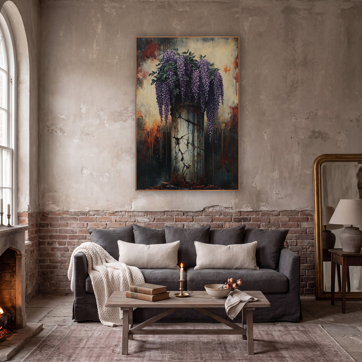 Cracked Column Wisteria Gothic Floral wall art in a moody dark academia room – purple wisteria and green leaves