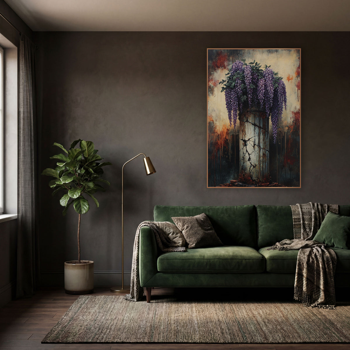 Cracked Column Wisteria Gothic Floral wall art in a moody dark academia room – purple wisteria and green leaves