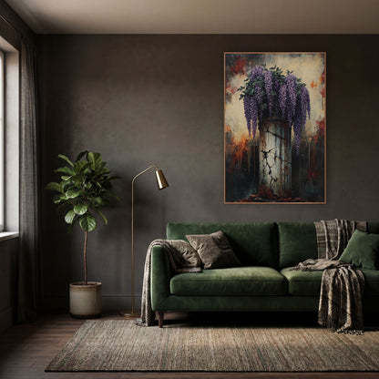 Cracked Column Wisteria Gothic Floral wall art in a moody dark academia room – purple wisteria and green leaves
