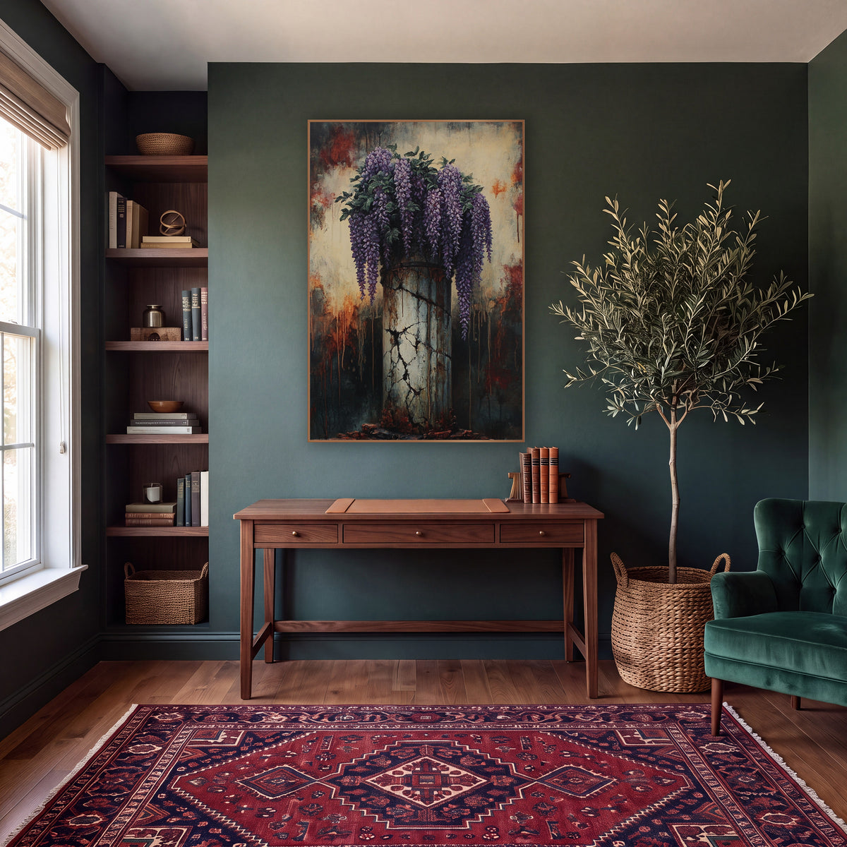 Cracked Column Wisteria Gothic Floral wall art in a moody dark academia room – purple wisteria and green leaves