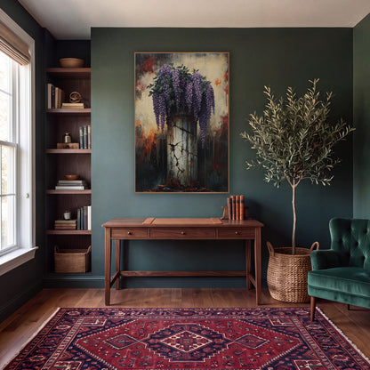 Cracked Column Wisteria Gothic Floral wall art in a moody dark academia room – purple wisteria and green leaves