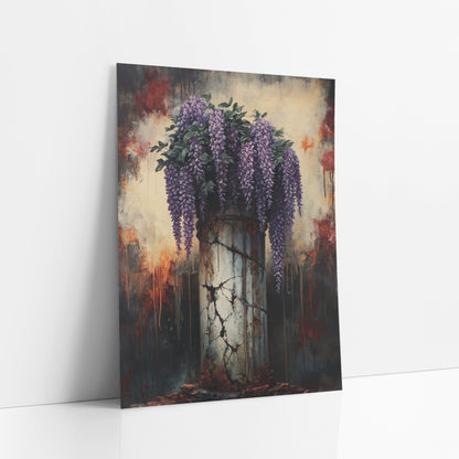 Cracked Column Wisteria Gothic Floral art print leaning against a white wall – purple wisteria and green leaves spilling