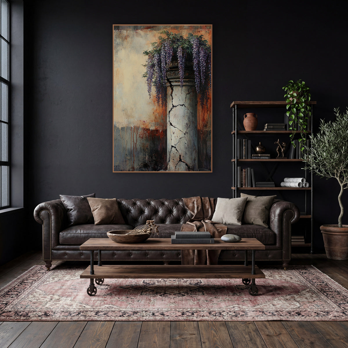 Rusted Wisteria Pillar Classic wall art in a moody dark academia room – purple wisteria hanging over a cracked pale