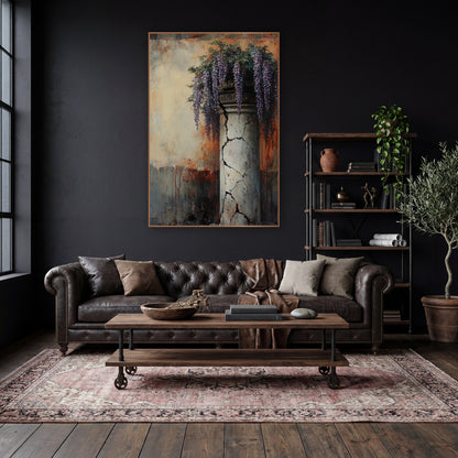Rusted Wisteria Pillar Classic wall art in a moody dark academia room – purple wisteria hanging over a cracked pale