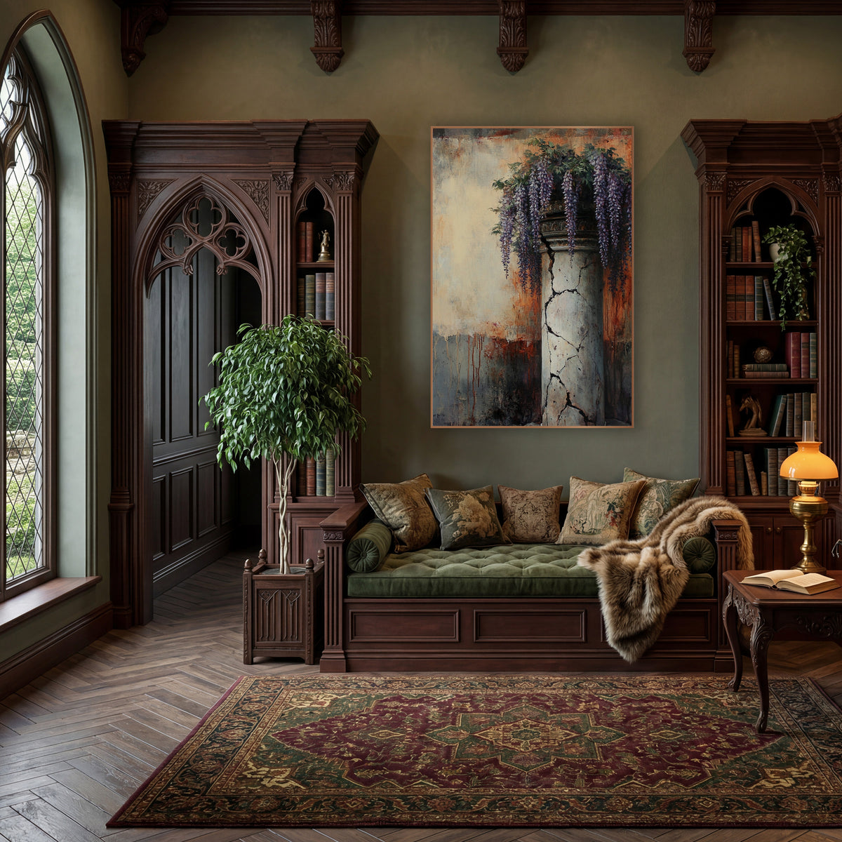 Rusted Wisteria Pillar Classic wall art in a moody dark academia room – purple wisteria hanging over a cracked pale