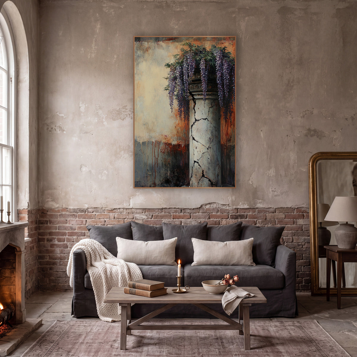 Rusted Wisteria Pillar Classic wall art in a moody dark academia room – purple wisteria hanging over a cracked pale
