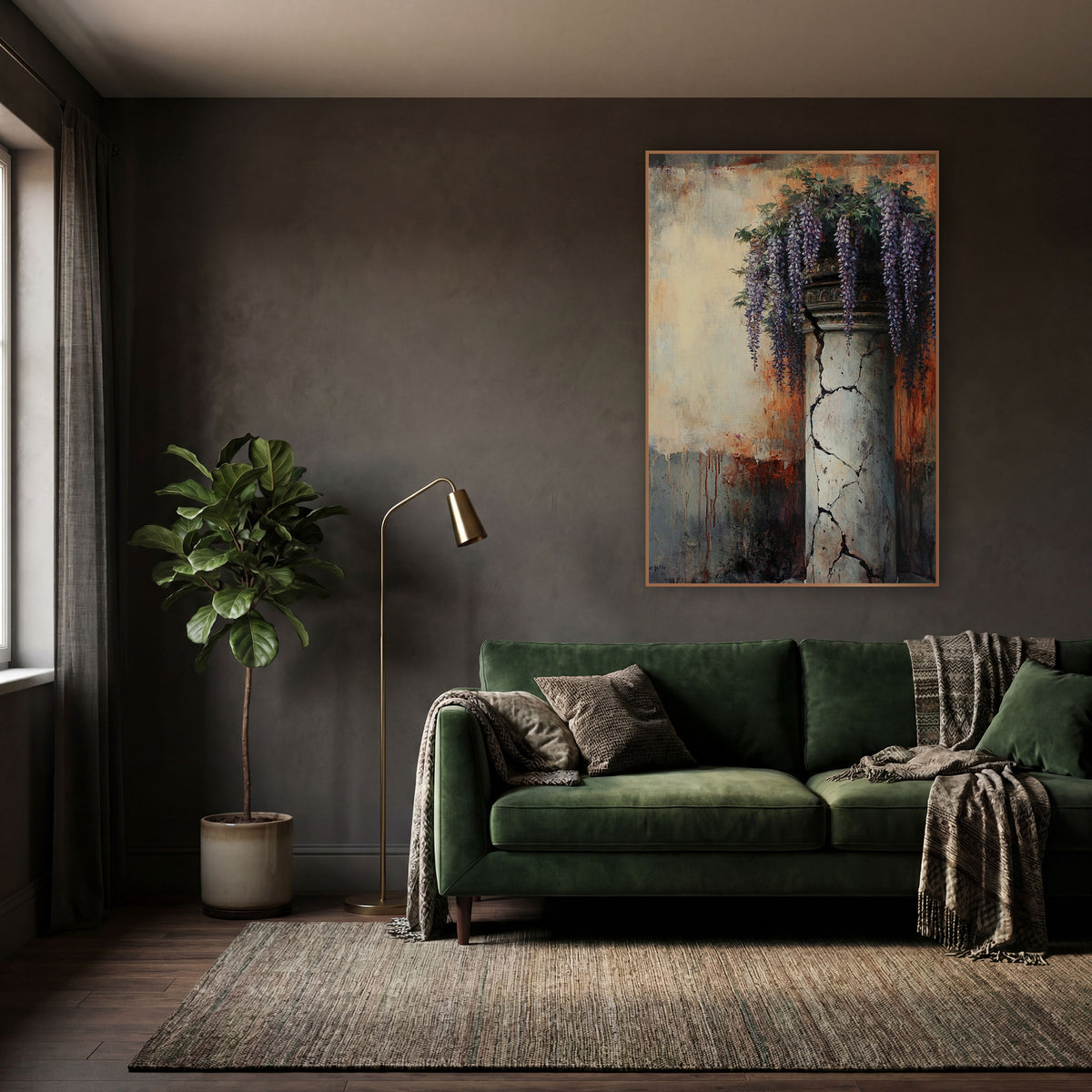 Rusted Wisteria Pillar Classic wall art in a moody dark academia room – purple wisteria hanging over a cracked pale