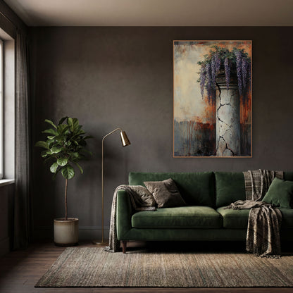 Rusted Wisteria Pillar Classic wall art in a moody dark academia room – purple wisteria hanging over a cracked pale