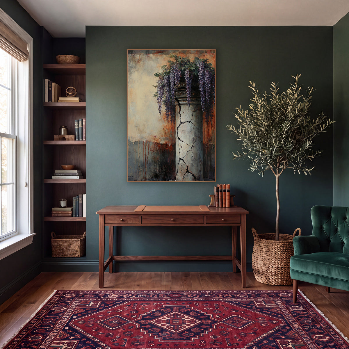 Rusted Wisteria Pillar Classic wall art in a moody dark academia room – purple wisteria hanging over a cracked pale