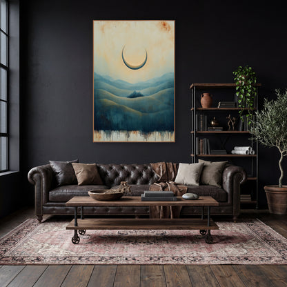 Crescent Moon Over Blue Hills wall art in a moody dark academia room – pale crescent moon over layered teal and olive