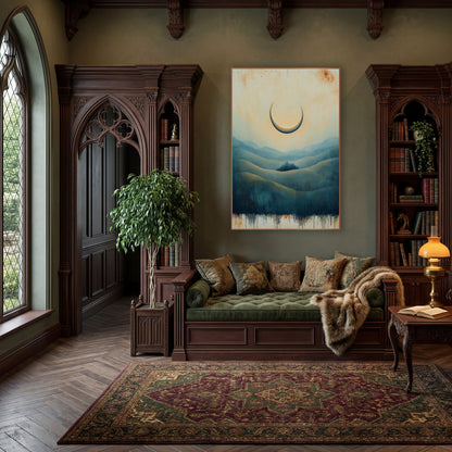 Crescent Moon Over Blue Hills wall art in a moody dark academia room – pale crescent moon over layered teal and olive