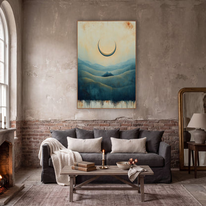 Crescent Moon Over Blue Hills wall art in a moody dark academia room – pale crescent moon over layered teal and olive
