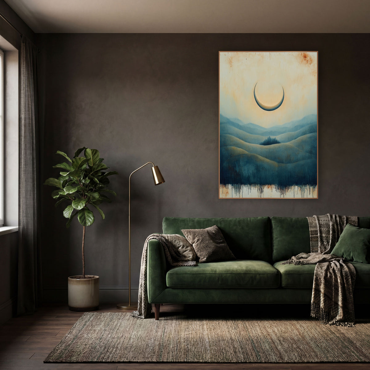 Crescent Moon Over Blue Hills wall art in a moody dark academia room – pale crescent moon over layered teal and olive