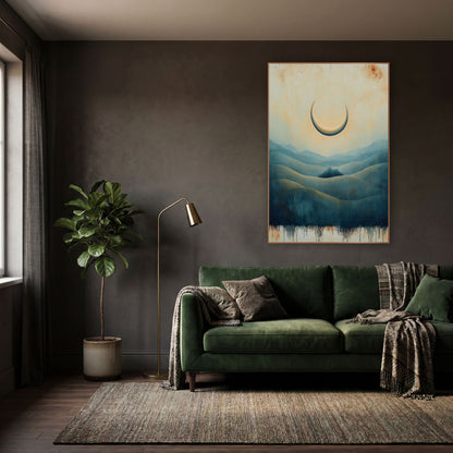 Crescent Moon Over Blue Hills wall art in a moody dark academia room – pale crescent moon over layered teal and olive