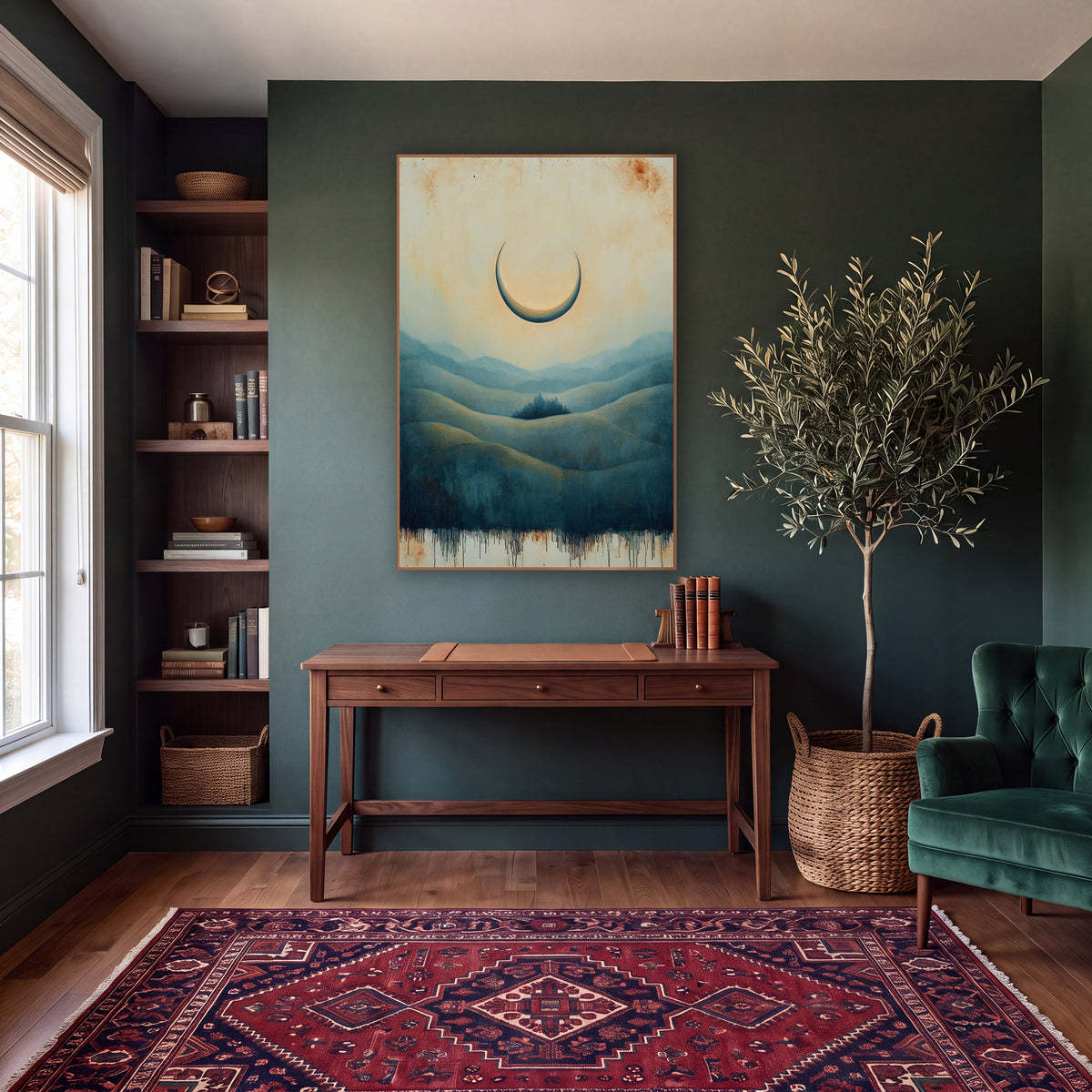 Crescent Moon Over Blue Hills wall art in a moody dark academia room – pale crescent moon over layered teal and olive